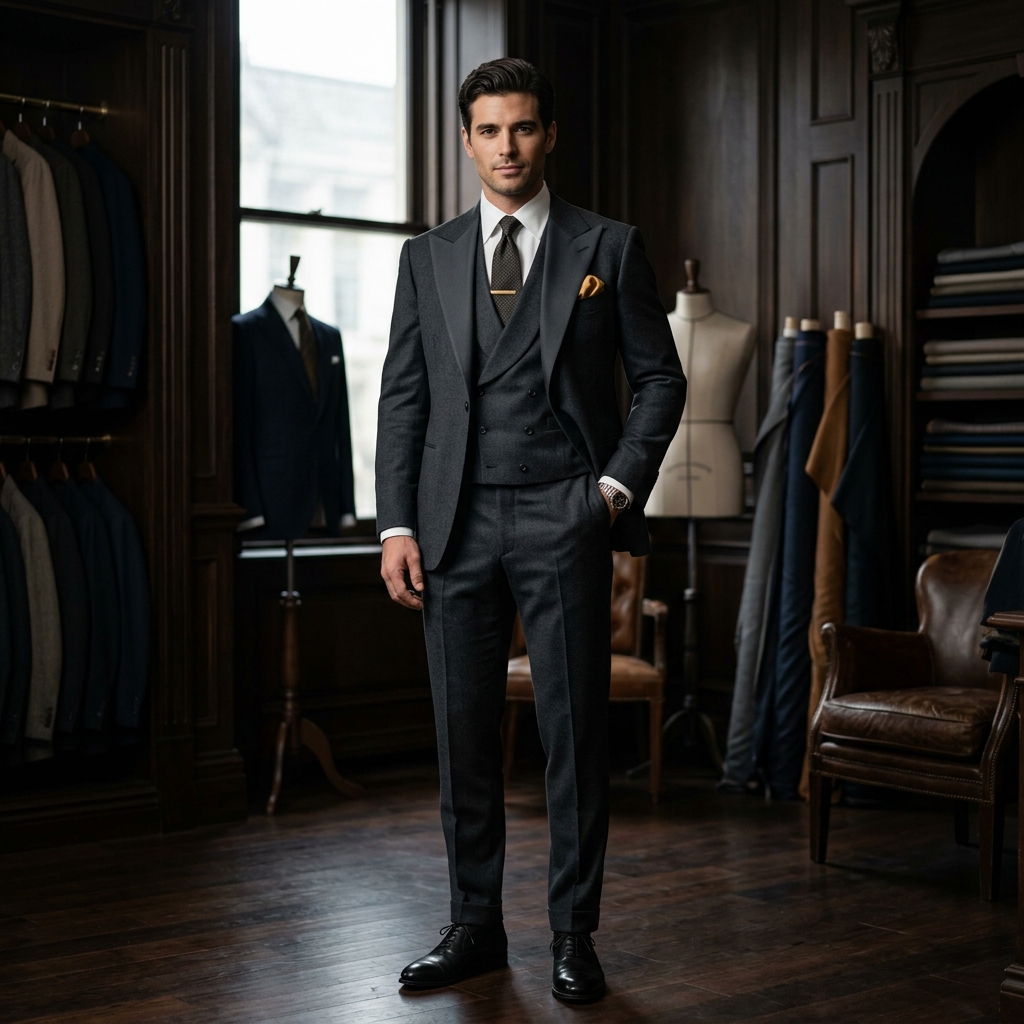 Tailored charcoal grey 3-piece double-breasted suit