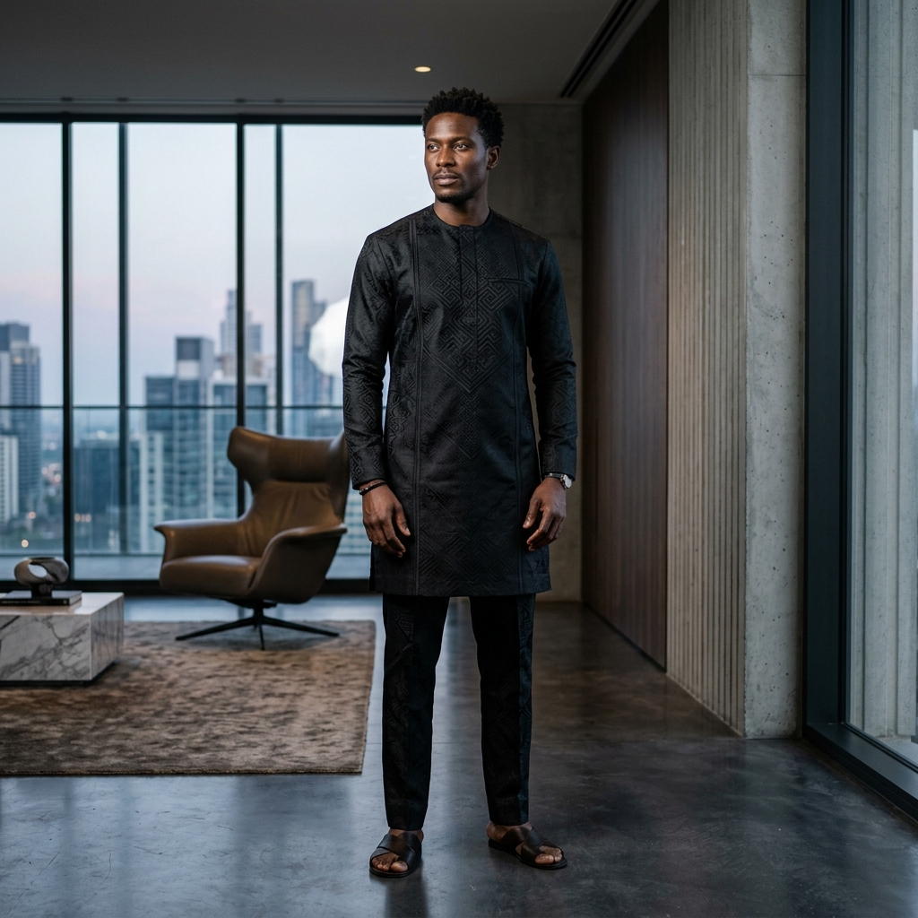 Rich black silk brocade African Kaftan