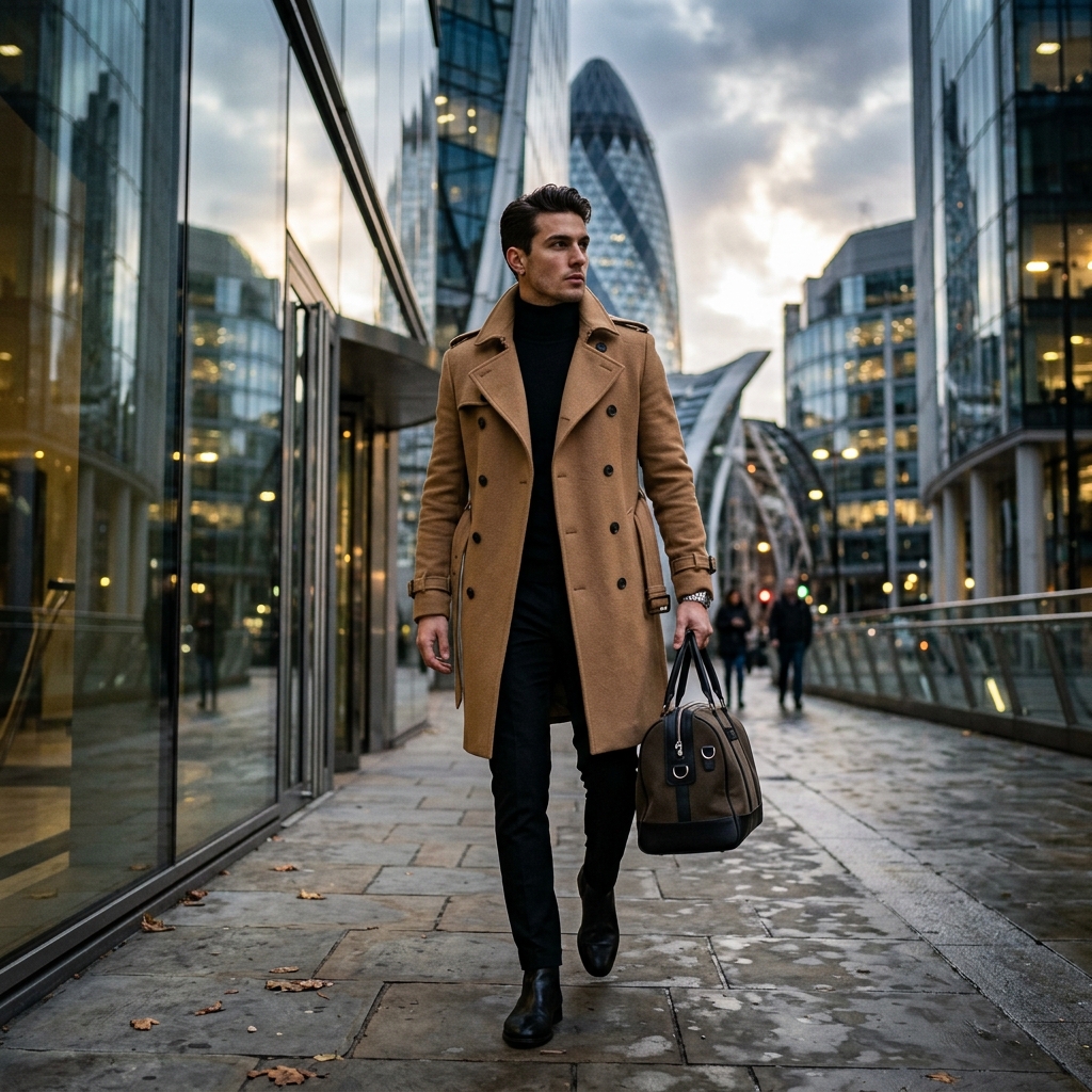 Tailored camel wool trench overcoat