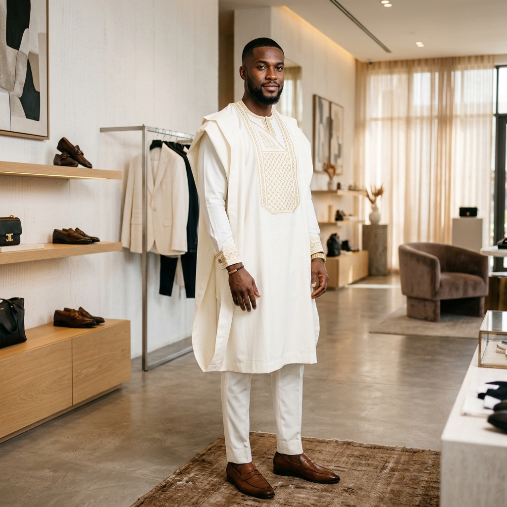 Ivory white African Kaftan/Agbada with gold chest embroidery